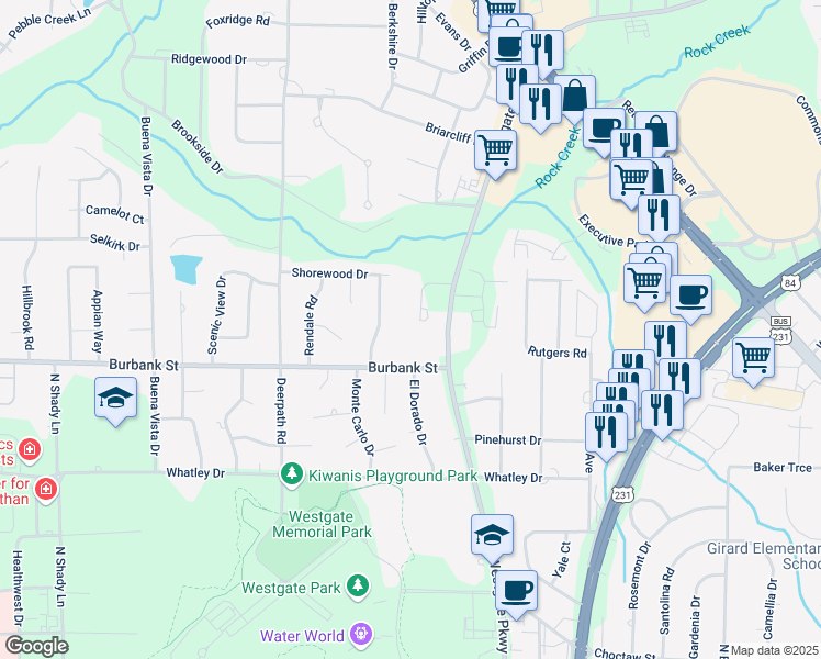 map of restaurants, bars, coffee shops, grocery stores, and more near 108 Hunters Glen Road in Dothan