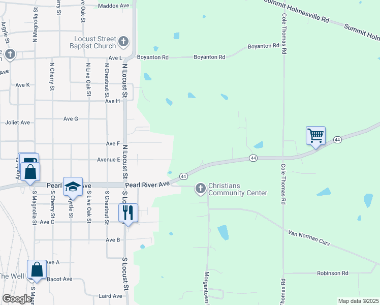 map of restaurants, bars, coffee shops, grocery stores, and more near 1019 Highway 44 East in McComb