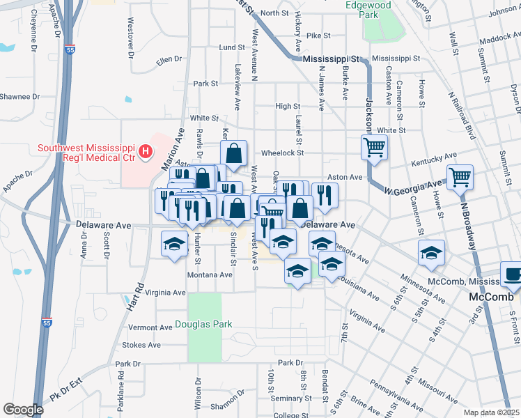 map of restaurants, bars, coffee shops, grocery stores, and more near 1302 Delaware Avenue in McComb