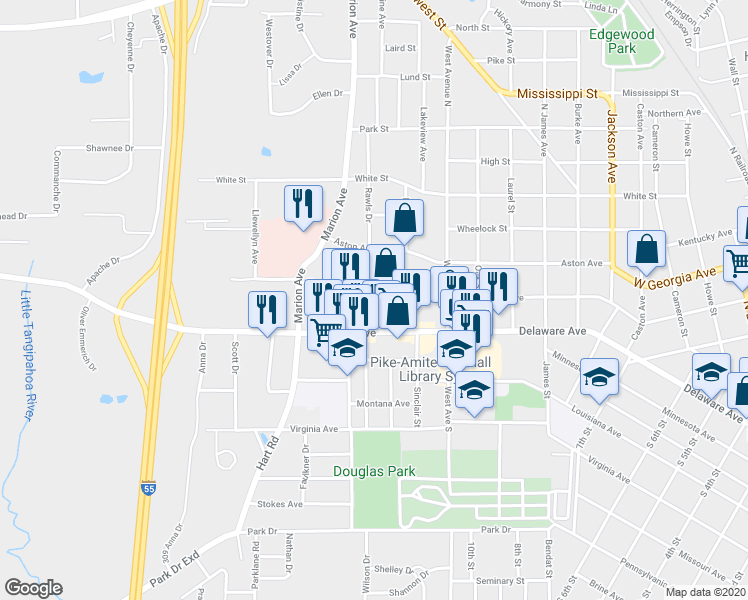 map of restaurants, bars, coffee shops, grocery stores, and more near 1438 Delaware Avenue in McComb