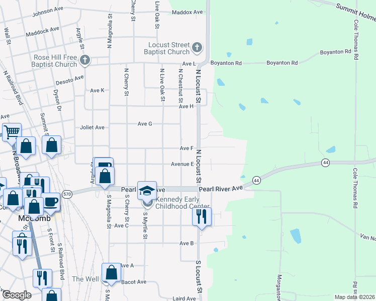 map of restaurants, bars, coffee shops, grocery stores, and more near 1029 Avenue East in McComb