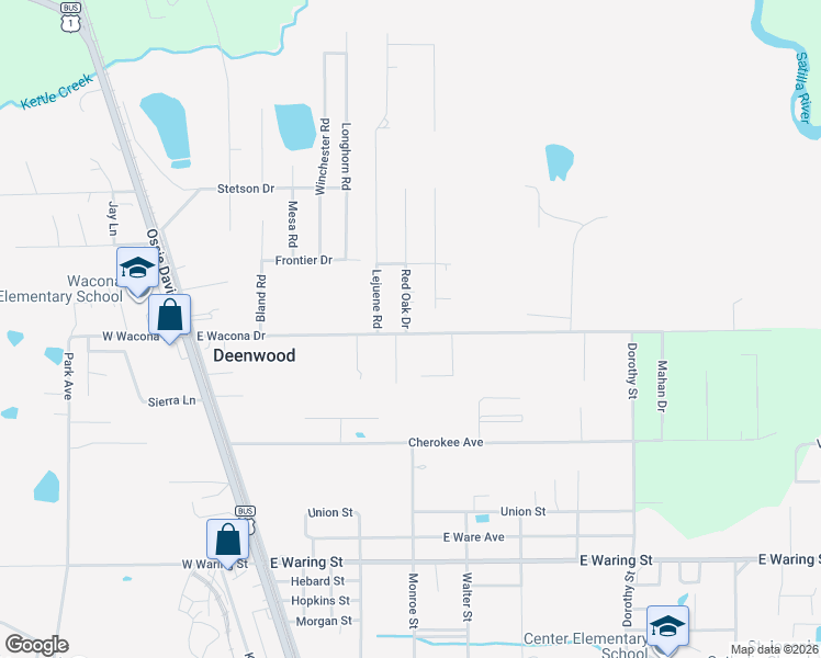map of restaurants, bars, coffee shops, grocery stores, and more near 2308 Walnut Lane in Waycross