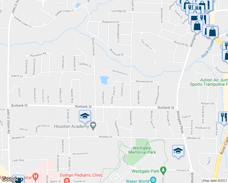 map of restaurants, bars, coffee shops, grocery stores, and more near 1205 Scenic View Drive in Dothan