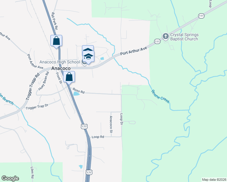 map of restaurants, bars, coffee shops, grocery stores, and more near 303 Ross Road in Anacoco