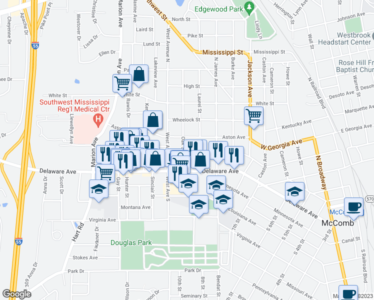 map of restaurants, bars, coffee shops, grocery stores, and more near 1120 West New York Avenue in McComb