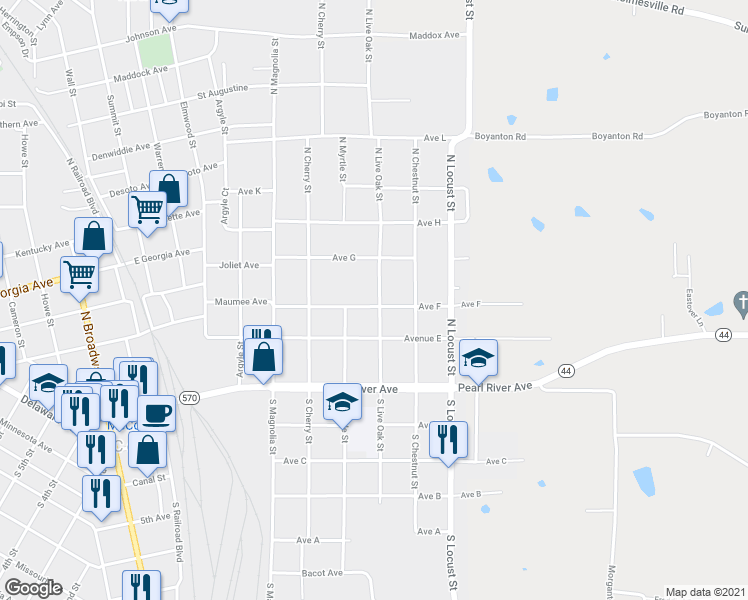 map of restaurants, bars, coffee shops, grocery stores, and more near 827 Avenue F in McComb