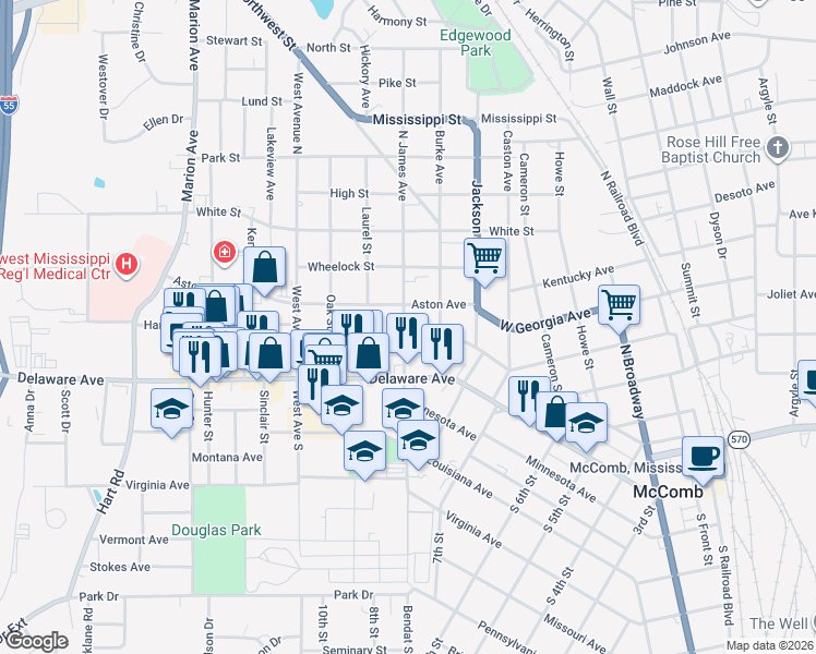 map of restaurants, bars, coffee shops, grocery stores, and more near 210 North James Avenue in McComb