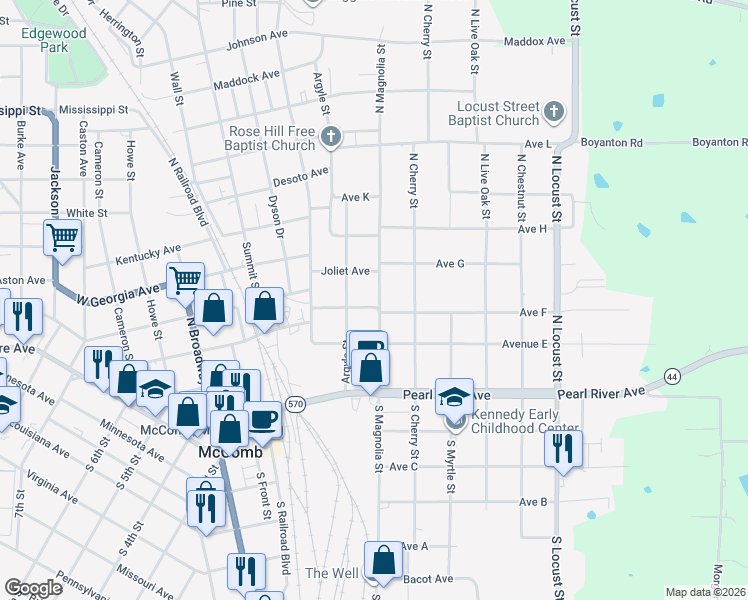 map of restaurants, bars, coffee shops, grocery stores, and more near 309 North Magnolia Street in McComb