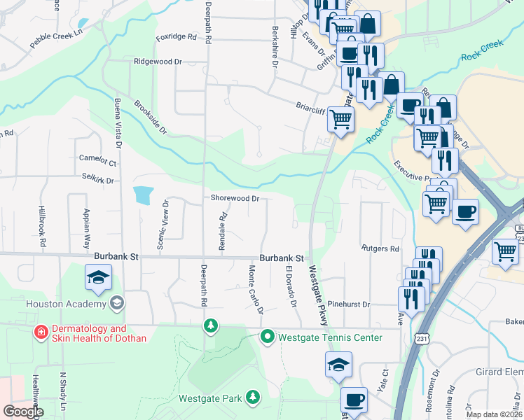 map of restaurants, bars, coffee shops, grocery stores, and more near 1113 Strathmore Avenue in Dothan