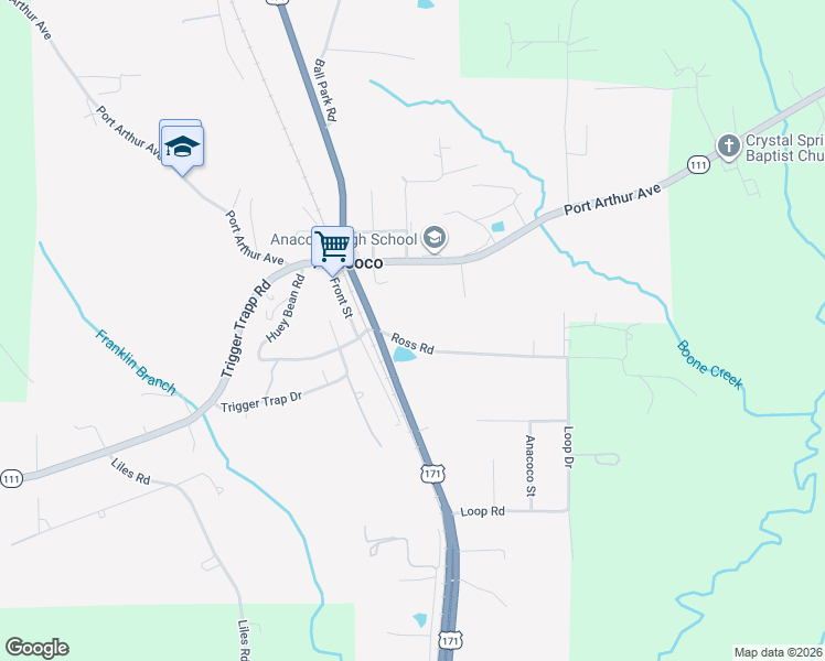 map of restaurants, bars, coffee shops, grocery stores, and more near 139 Ross Road in Anacoco