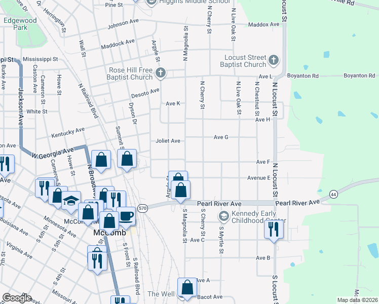 map of restaurants, bars, coffee shops, grocery stores, and more near 309 North Magnolia Street in McComb