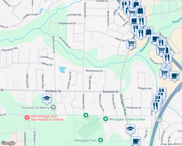 map of restaurants, bars, coffee shops, grocery stores, and more near 1206 Rendale Rd in Dothan