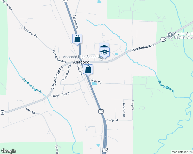 map of restaurants, bars, coffee shops, grocery stores, and more near 139 Ross Road in Anacoco