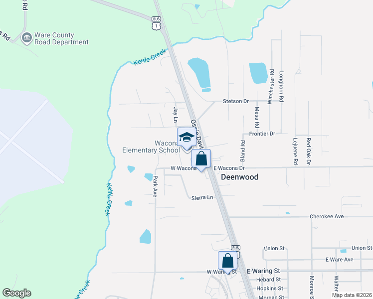 map of restaurants, bars, coffee shops, grocery stores, and more near 3101 Ossie Davis Park in Waycross