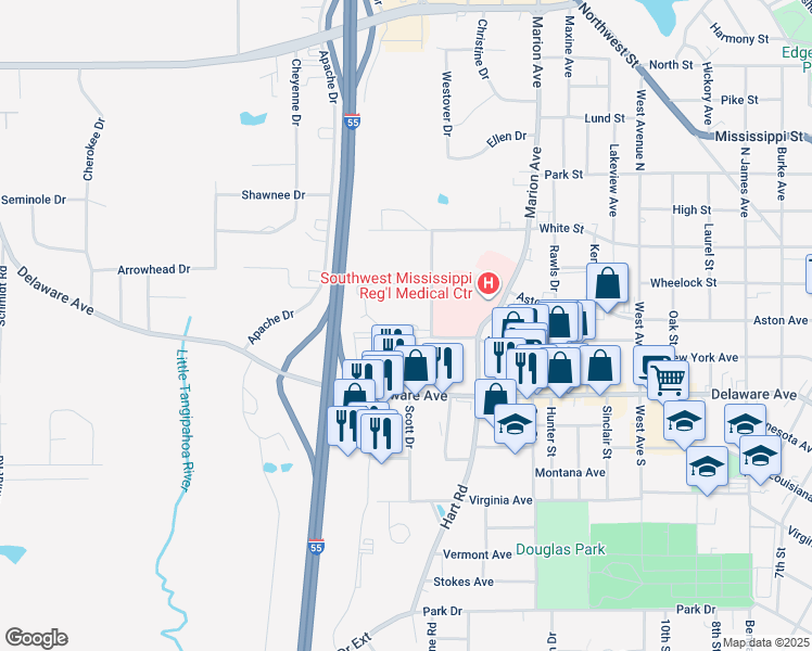 map of restaurants, bars, coffee shops, grocery stores, and more near 211 Llewellyn Avenue in McComb