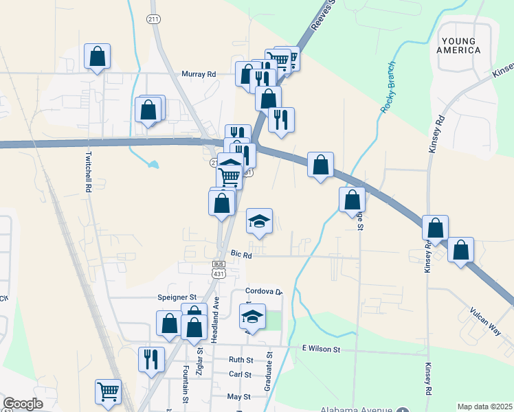 map of restaurants, bars, coffee shops, grocery stores, and more near 1924 Reeves Street in Dothan