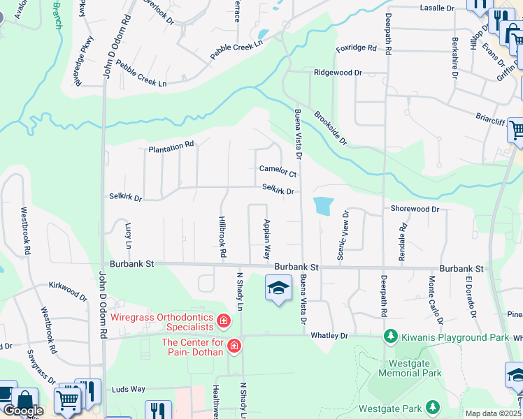 map of restaurants, bars, coffee shops, grocery stores, and more near 1117 Appian Way in Dothan