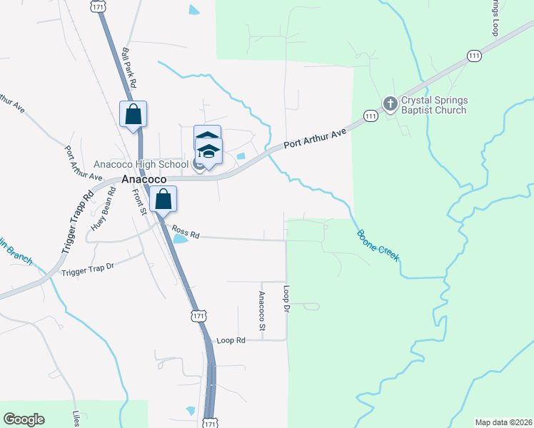 map of restaurants, bars, coffee shops, grocery stores, and more near 303 Ross Road in Anacoco