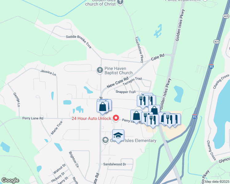 map of restaurants, bars, coffee shops, grocery stores, and more near 244 Snapper Trail in Brunswick