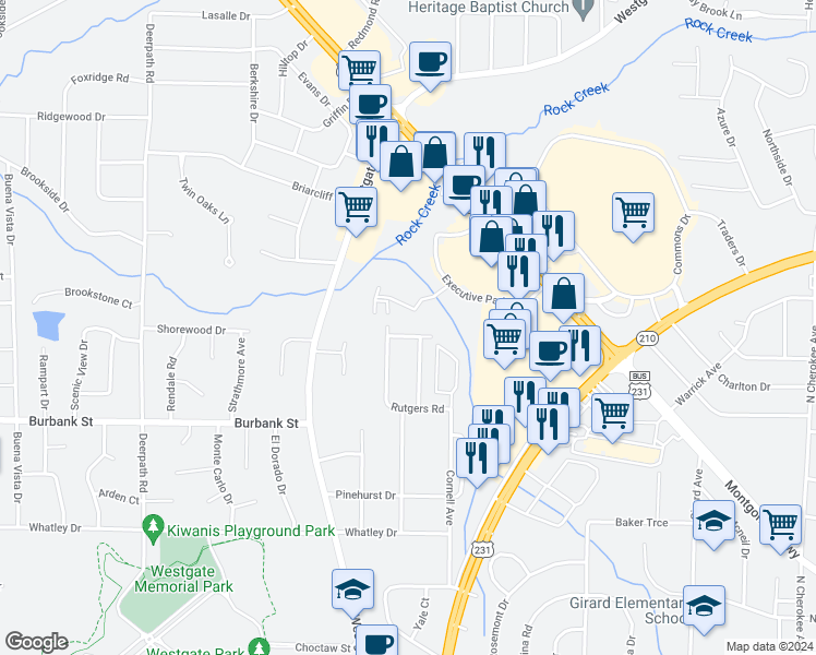map of restaurants, bars, coffee shops, grocery stores, and more near 1502 Colgate Court in Dothan