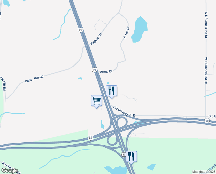 map of restaurants, bars, coffee shops, grocery stores, and more near 4908 U.S. 49 in Hattiesburg
