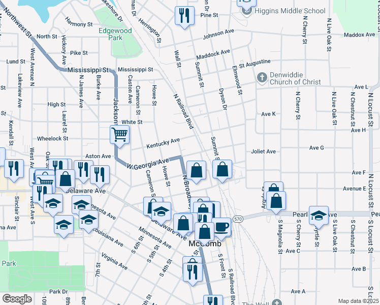 map of restaurants, bars, coffee shops, grocery stores, and more near 210 West Georgia Avenue in McComb