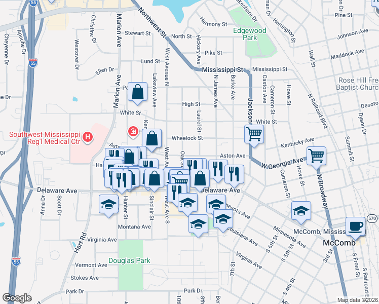 map of restaurants, bars, coffee shops, grocery stores, and more near 315-399 Oak Street in McComb