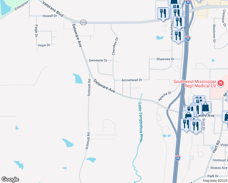 map of restaurants, bars, coffee shops, grocery stores, and more near 2500 Delaware Avenue in McComb