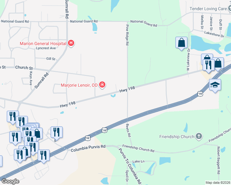 map of restaurants, bars, coffee shops, grocery stores, and more near 10 Old Highway 98 East in Columbia