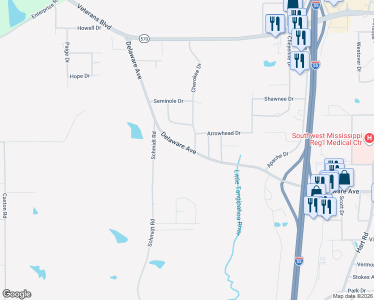 map of restaurants, bars, coffee shops, grocery stores, and more near 2500-2598 Delaware Avenue in McComb