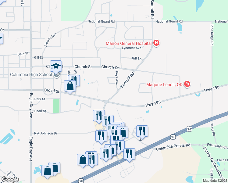 map of restaurants, bars, coffee shops, grocery stores, and more near 701 Mississippi 44 in Columbia