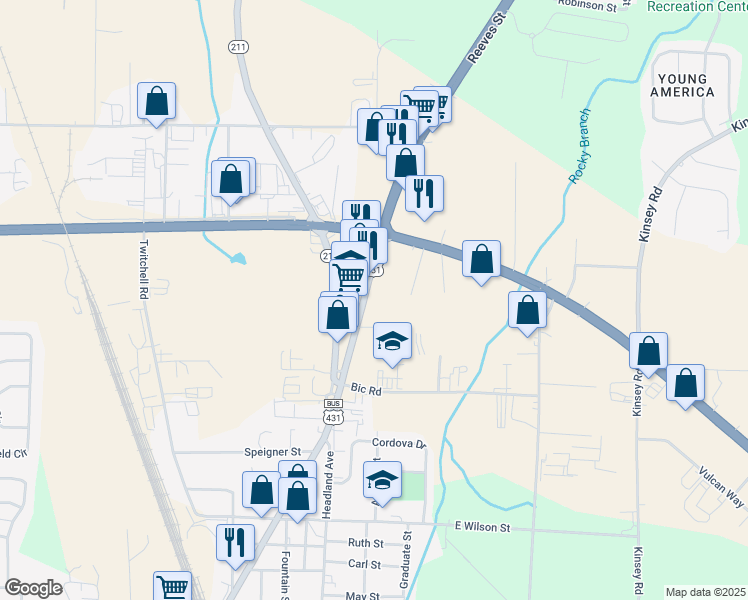 map of restaurants, bars, coffee shops, grocery stores, and more near 1970 Reeves Street in Dothan