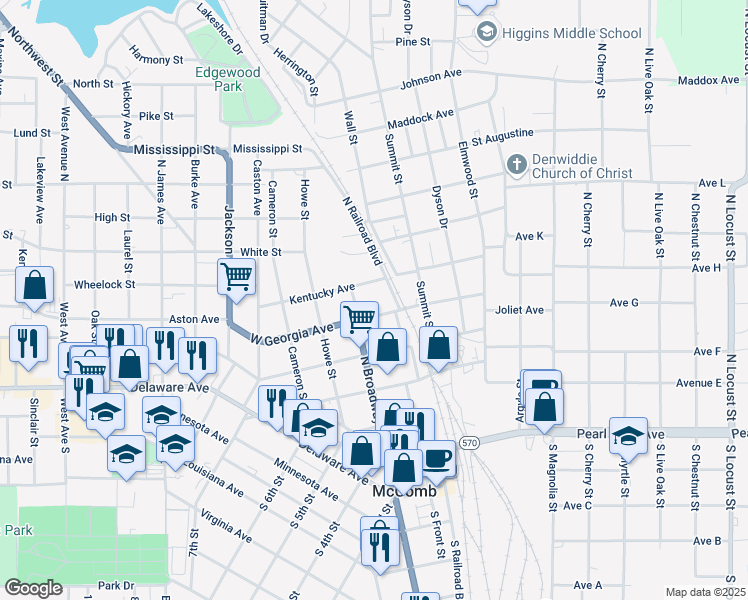 map of restaurants, bars, coffee shops, grocery stores, and more near 210 West Georgia Avenue in McComb