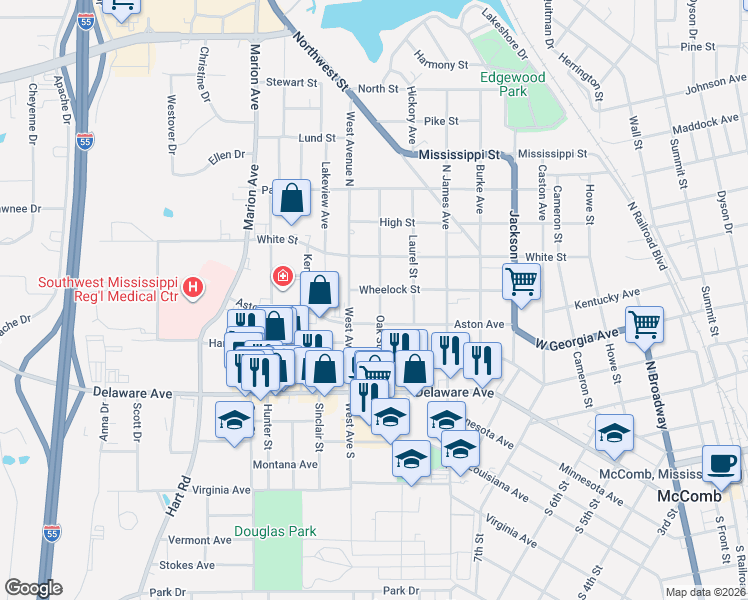 map of restaurants, bars, coffee shops, grocery stores, and more near 315 Oak Street in McComb