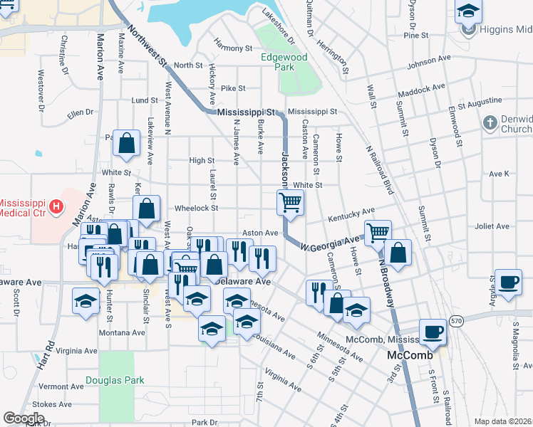 map of restaurants, bars, coffee shops, grocery stores, and more near 310 Burke Ave in McComb