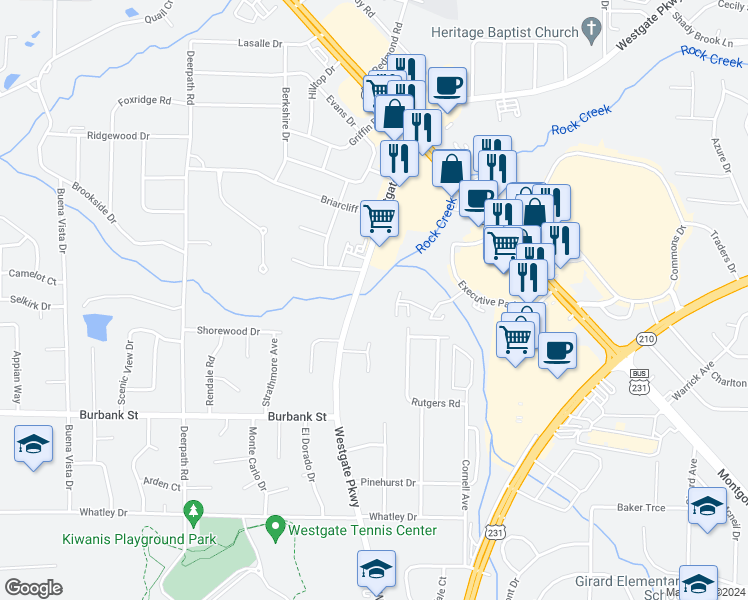 map of restaurants, bars, coffee shops, grocery stores, and more near 6 Chateau Place in Dothan