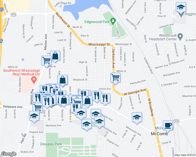 map of restaurants, bars, coffee shops, grocery stores, and more near 906 Wheelock Street in McComb