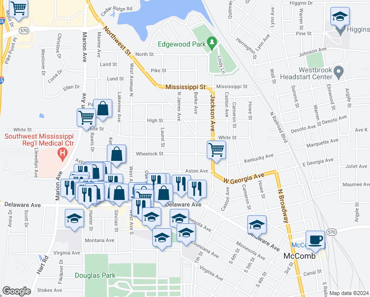map of restaurants, bars, coffee shops, grocery stores, and more near 904 Wheelock Street in McComb