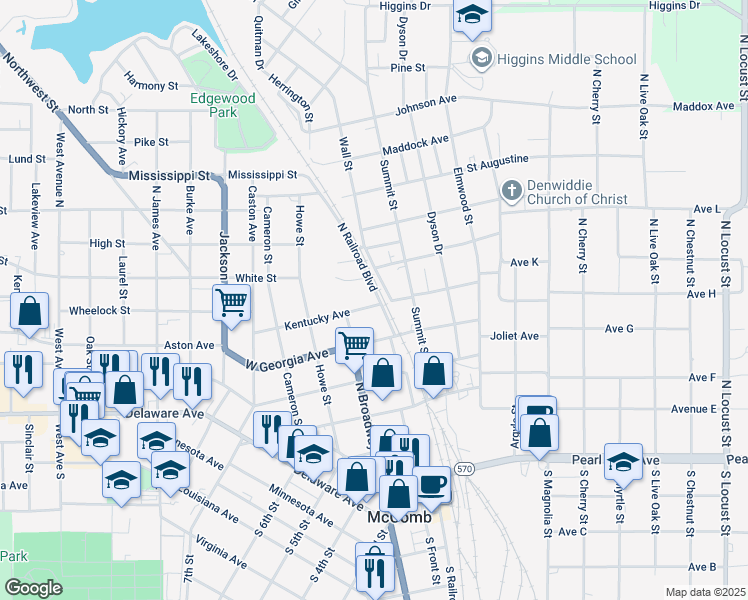 map of restaurants, bars, coffee shops, grocery stores, and more near 701 North Railroad Boulevard in McComb