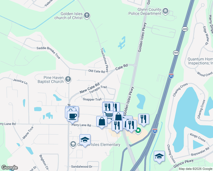 map of restaurants, bars, coffee shops, grocery stores, and more near 1652 Cate Road in Brunswick