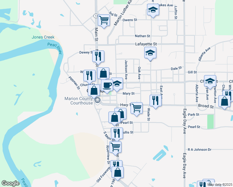 map of restaurants, bars, coffee shops, grocery stores, and more near 401 Mary Street in Columbia