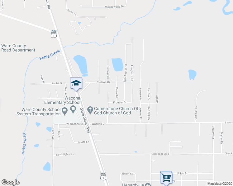 map of restaurants, bars, coffee shops, grocery stores, and more near 2505 Mesa Road in Waycross