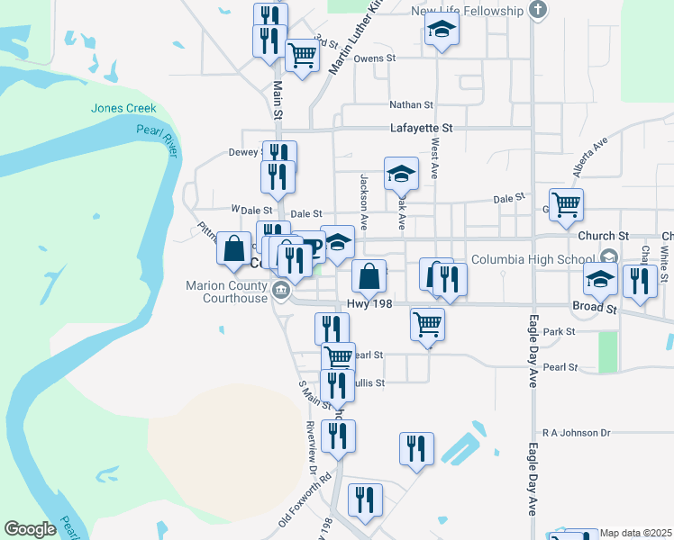map of restaurants, bars, coffee shops, grocery stores, and more near 401 Mary Street in Columbia