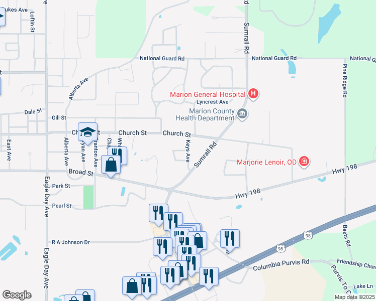 map of restaurants, bars, coffee shops, grocery stores, and more near 1397 Benjamin Street in Columbia