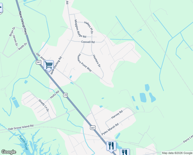map of restaurants, bars, coffee shops, grocery stores, and more near 192 Hunters Point Way in Brunswick