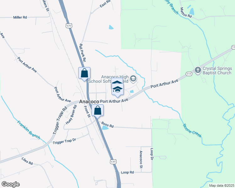 map of restaurants, bars, coffee shops, grocery stores, and more near 4740 Port Arthur Avenue in Anacoco
