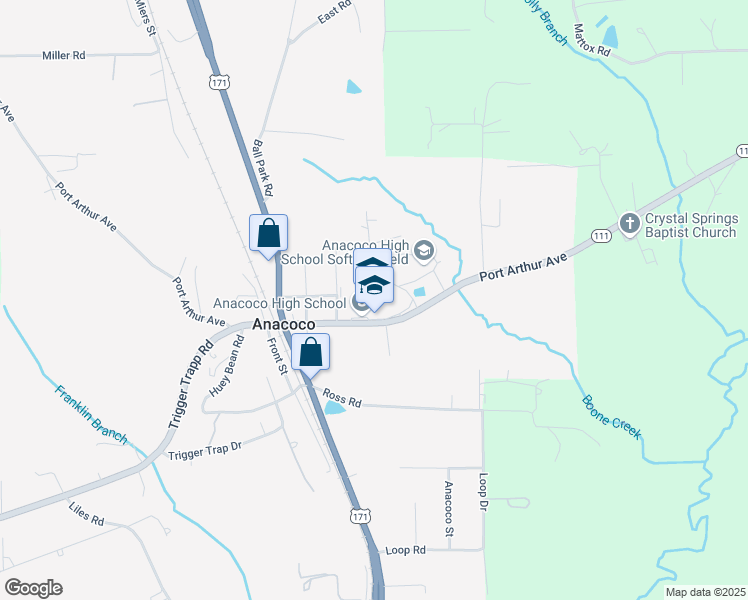 map of restaurants, bars, coffee shops, grocery stores, and more near 4740 Port Arthur Avenue in Anacoco