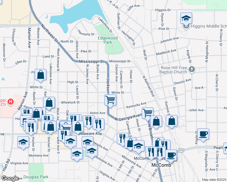 map of restaurants, bars, coffee shops, grocery stores, and more near 606 White Street in McComb