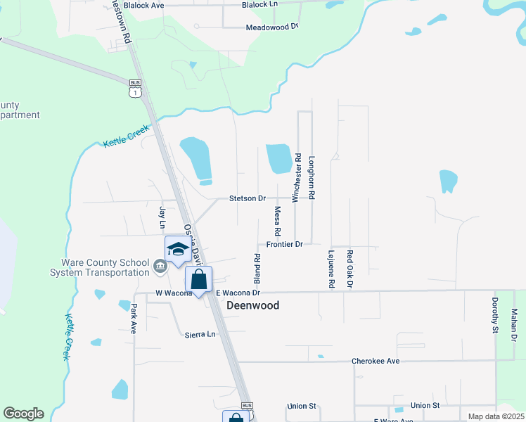 map of restaurants, bars, coffee shops, grocery stores, and more near 2505 Mesa Road in Waycross