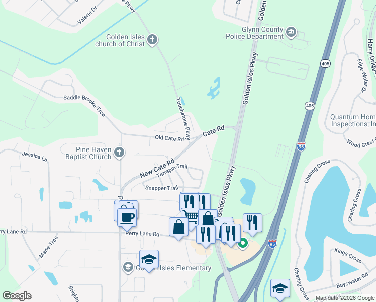 map of restaurants, bars, coffee shops, grocery stores, and more near 1652 Cate Rd in Brunswick